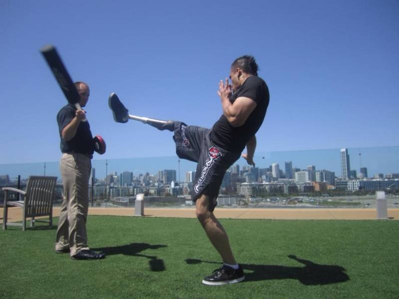 Carlos Gonzalez, San Francisco, Calif, executes a high front kick as part of his martial arts training.